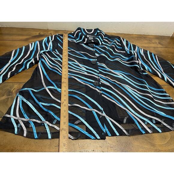Damee Inc Womens Jacket Sz XL Mesh Sheer Button Up Art To Wear Black Blue - Picture 7 of 9